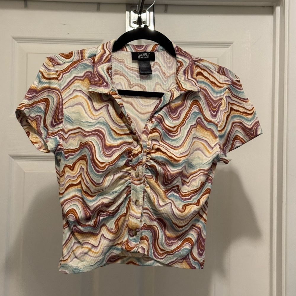 Just Polly Multicolor Stretchy Swirl Button Down Shirt